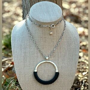 New Patricia Nash Carmelina Black Leather & Silver Pendant Necklace